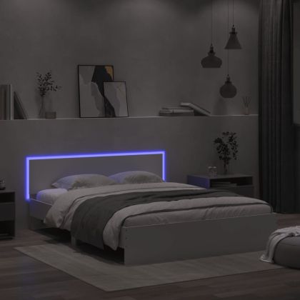 Рамка за легло с табла и LED, бяла, 150x200 см