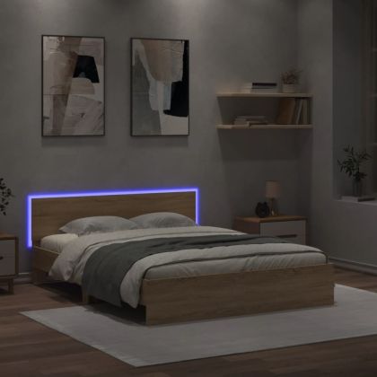 Рамка за легло с табла и LED, дъб сонома, 150x200 см