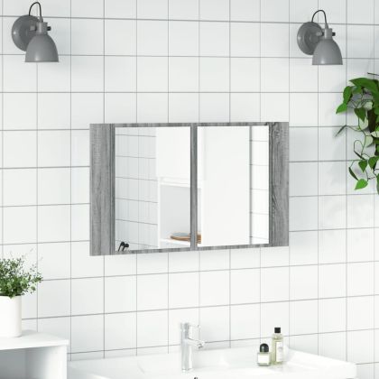 Шкаф с LED огледало за баня, сив сонома, 80x12x45 см, акрил
