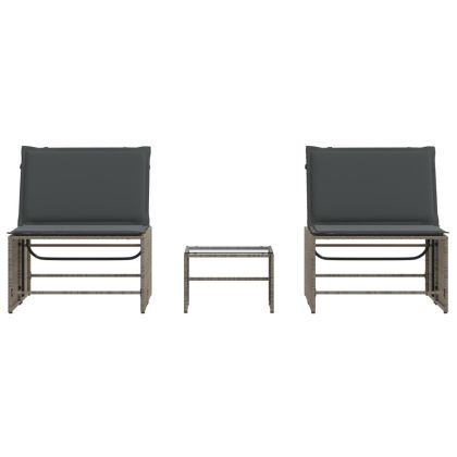 Шезлонги, 2 бр. с маса, сиви, полиратан