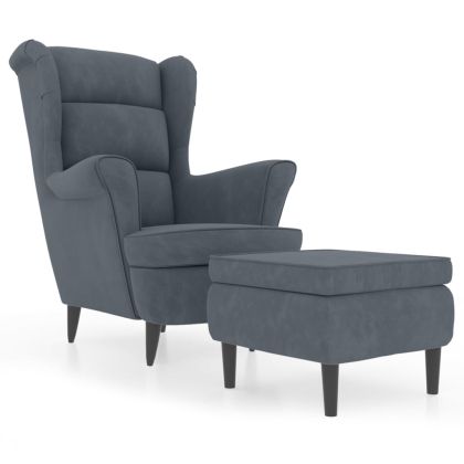 Фотьойл Wingback с табуретка, тъмносив, кадифе