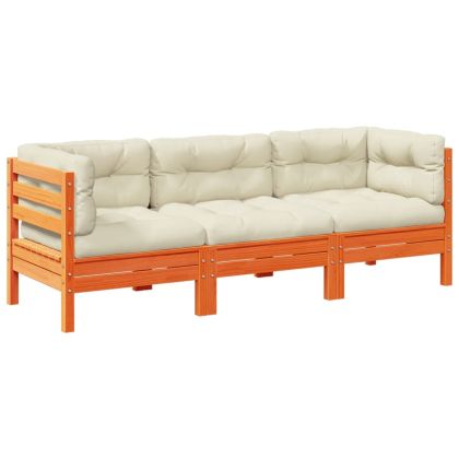 Градински комплект диван с възглавници, 3 части, восъчнокафяв