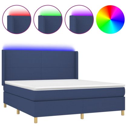 Боксспринг легло с матрак и LED, синьо, 180x200 см, плат