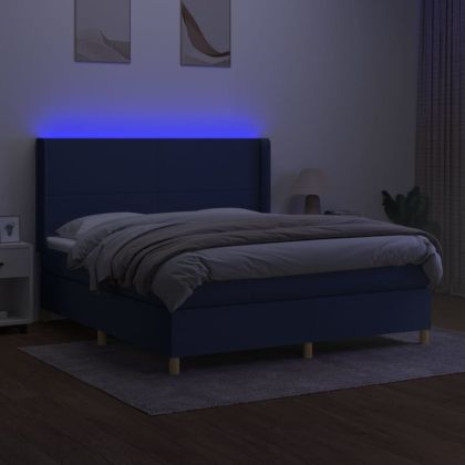 Боксспринг легло с матрак и LED, синьо, 180x200 см, плат