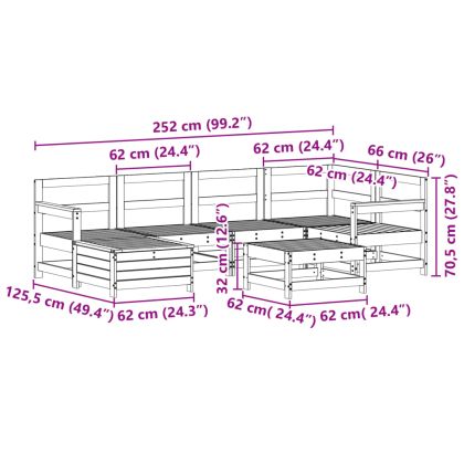 Градински комплект диван от 7 части, бял, масивно дърво бор