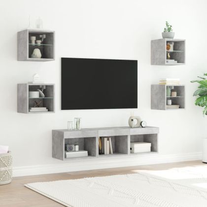 ТВ стенни модули с LED, 7 части, бетонно сиви, инженерно дърво