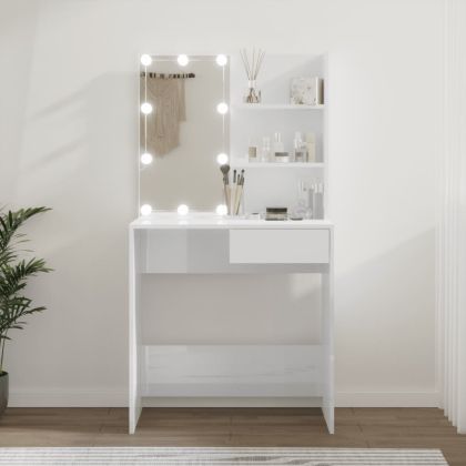 Тоалетка с LED, бял гланц, 74,5x40x141 см