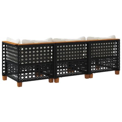 Градински диван с възглавници, 3-местен, черен, полиратан