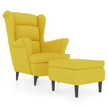 Фотьойл Wingback с табуретка, Горчица жълто, кадифе