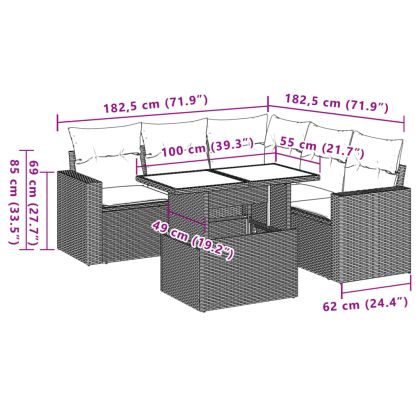 Градински диван с възглавници, 6 части, черен, полиратан