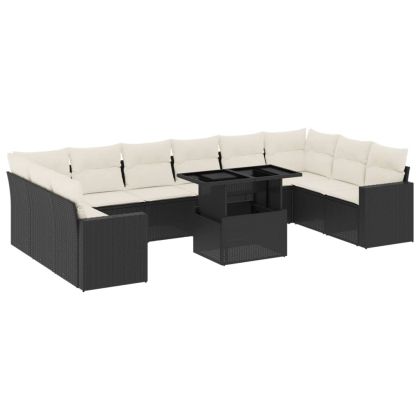 Градински комплект диван с възглавници 11 части черен полиратан
