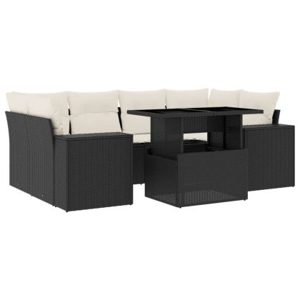 Градински комплект диван с възглавници 7 части черен полиратан