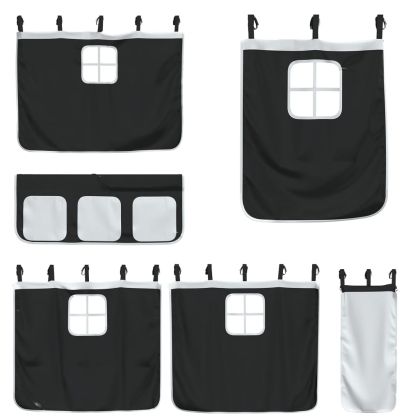 Двуетажно легло със завеси, бяло и черно, 80x200 см, бор масив