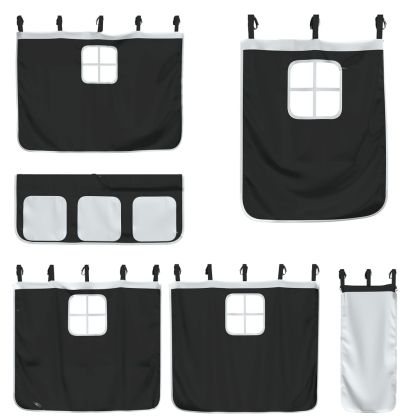 Двуетажно легло със завеси, бяло и черно, 75x190 см, бор масив