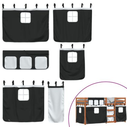 Двуетажно легло със завеси, бяло и черно, 75x190 см, бор масив