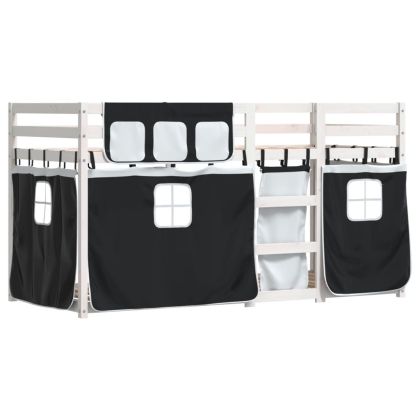 Двуетажно легло със завеси, бяло и черно, 75x190 см, бор масив