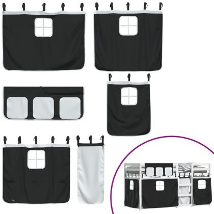 Двуетажно легло със завеси, бяло и черно, 75x190 см, бор масив