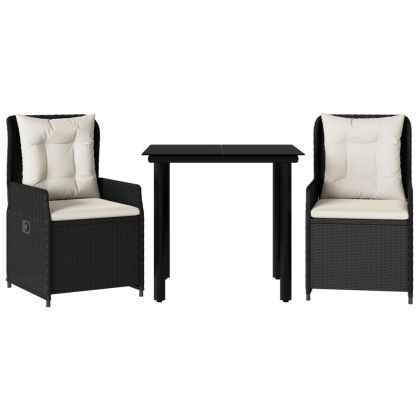 Градински комплект от 3 части с възглавници черни полиратан