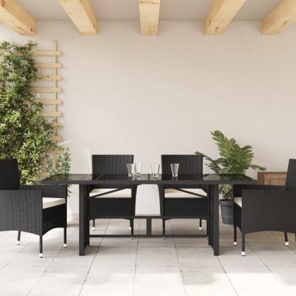 Градинска маса със стъклен плот черен 190x80x75 см полиратан