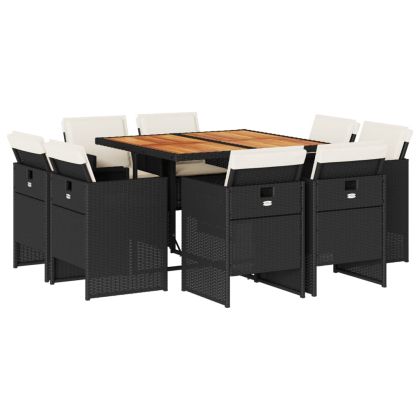 Градински трапезен комплект възглавници 9 части черен полиратан