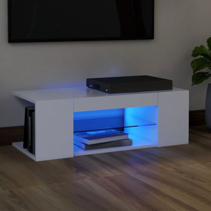 ТВ шкаф с LED осветление, бял, 90x39x30 см