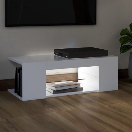 ТВ шкаф с LED осветление, бял, 90x39x30 см