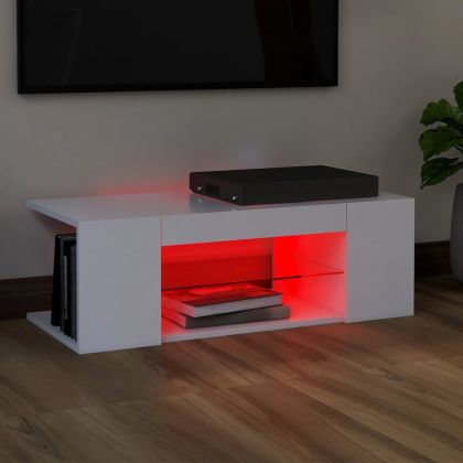 ТВ шкаф с LED осветление, бял, 90x39x30 см