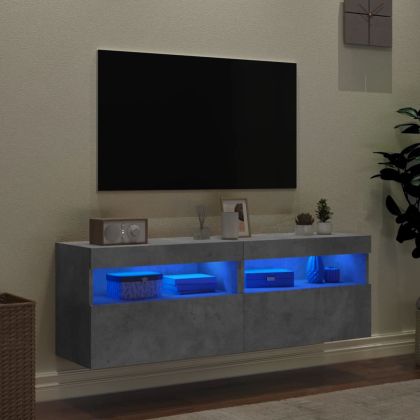Стенни ТВ шкафове с LED лампи, 2 бр, бетонно сиви, 60x30x40 см