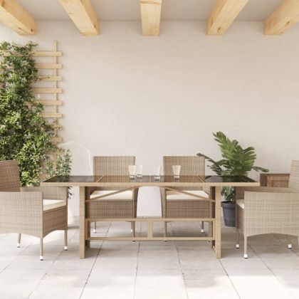 Градинска маса със стъклен плот бежова 190x80x75 см полиратан