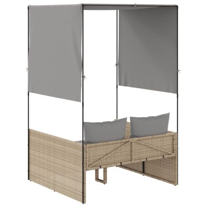 Двоен шезлонг с покрив и завеси бежов полиратан