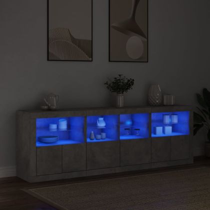 Сайдборд с LED светлини, бетонно сив, 202x37x67 см