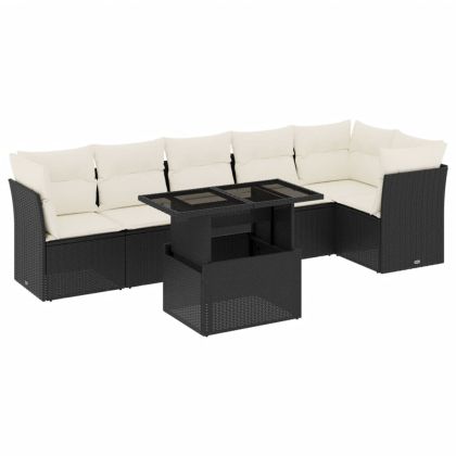 Градински комплект диван с възглавници 7 части черен полиратан