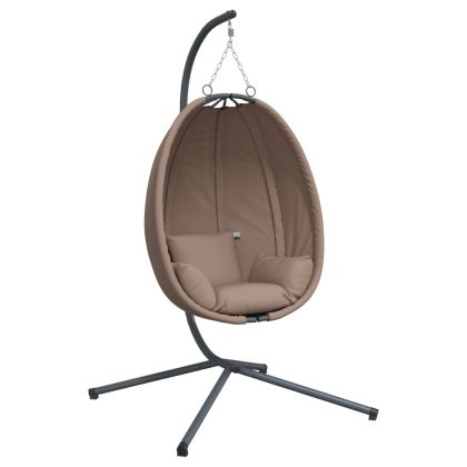 Висящ стол яйце със стойка, таупе, текстил и стомана