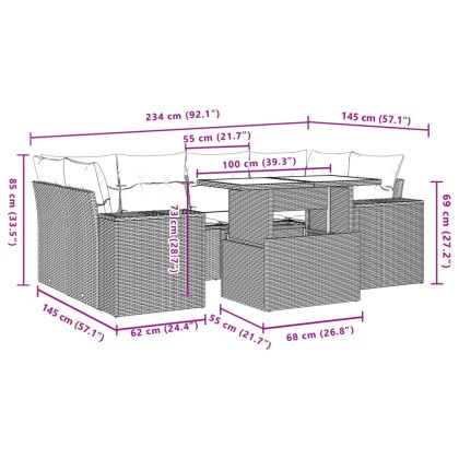 Градински диван с възглавници, 7 части, бежов полиратан