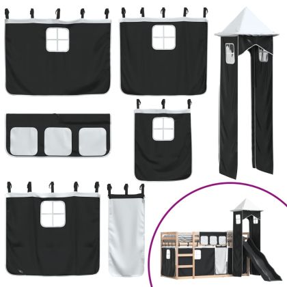 Двуетажно легло с пързалка и завеси, бяло и черно, 90x190 см