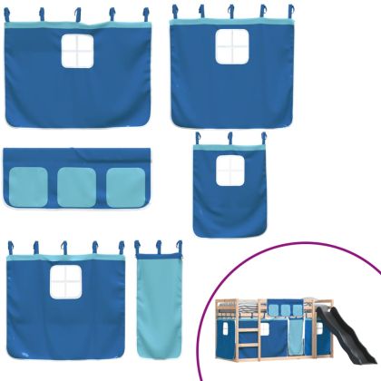 Двуетажно легло с пързалка и завеси, синьо, 90x190 см