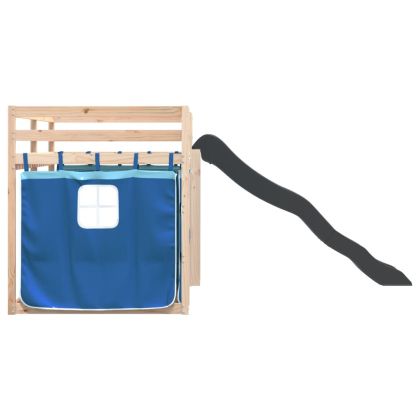 Двуетажно легло с пързалка и завеси, синьо, 90x190 см