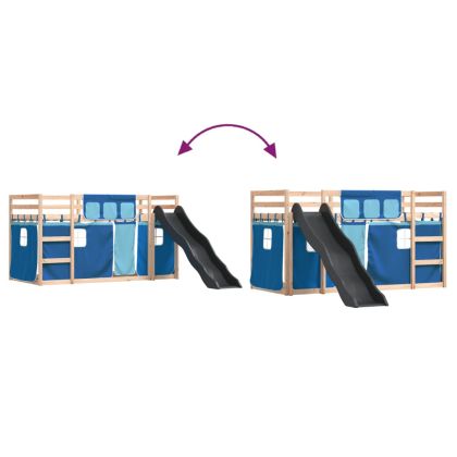 Двуетажно легло с пързалка и завеси, синьо, 90x190 см