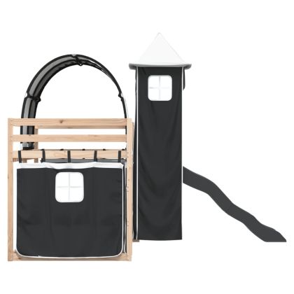 Двуетажно легло с пързалка и завеси, бяло и черно, 90x190 см