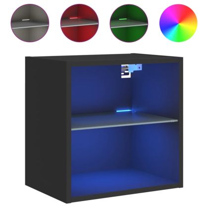 Нощно шкафче с LED осветление, черен, за стенен монтаж