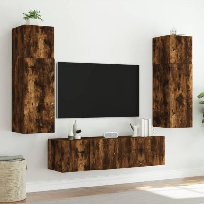 Стенни ТВ шкафове с LED лампи, 2 бр, опушен дъб, 60x35x41 см