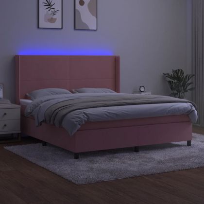 Боксспринг легло с матрак и LED, розово, 160x200 см, кадифе