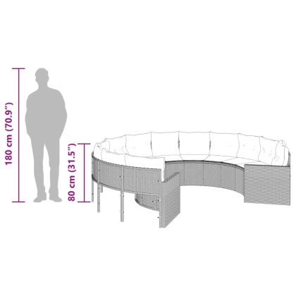 Градински диван с възглавници, кръгъл, черен полиратан