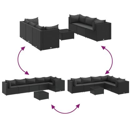 Градински лаундж комплект с възглавници 7 части черен полиратан