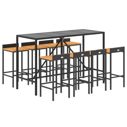 Градински бар комплект 9 части черен полиратан и акация масив