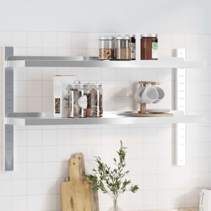 Стенен рафт на 2 нива 100x23,5x60см сребрист неръждаема стомана