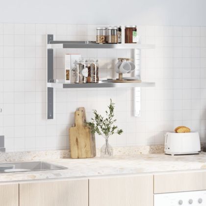 Стенен рафт на 2 нива 75x23,5x60 см сребрист неръждаема стомана