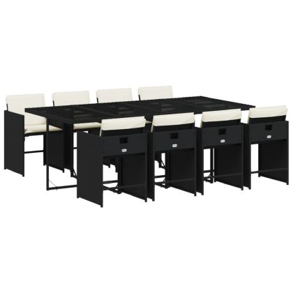 Градински трапезен комплект възглавници 9 части черен полиратан