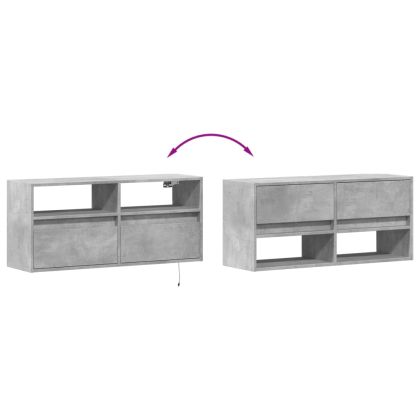 Стенен ТВ шкаф с LED осветление, бетонно сив, 100x31x45 см