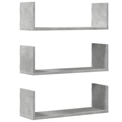 Стенни рафтове, 3 бр, бетонно сив, 58x18x18 см, инженерно дърво